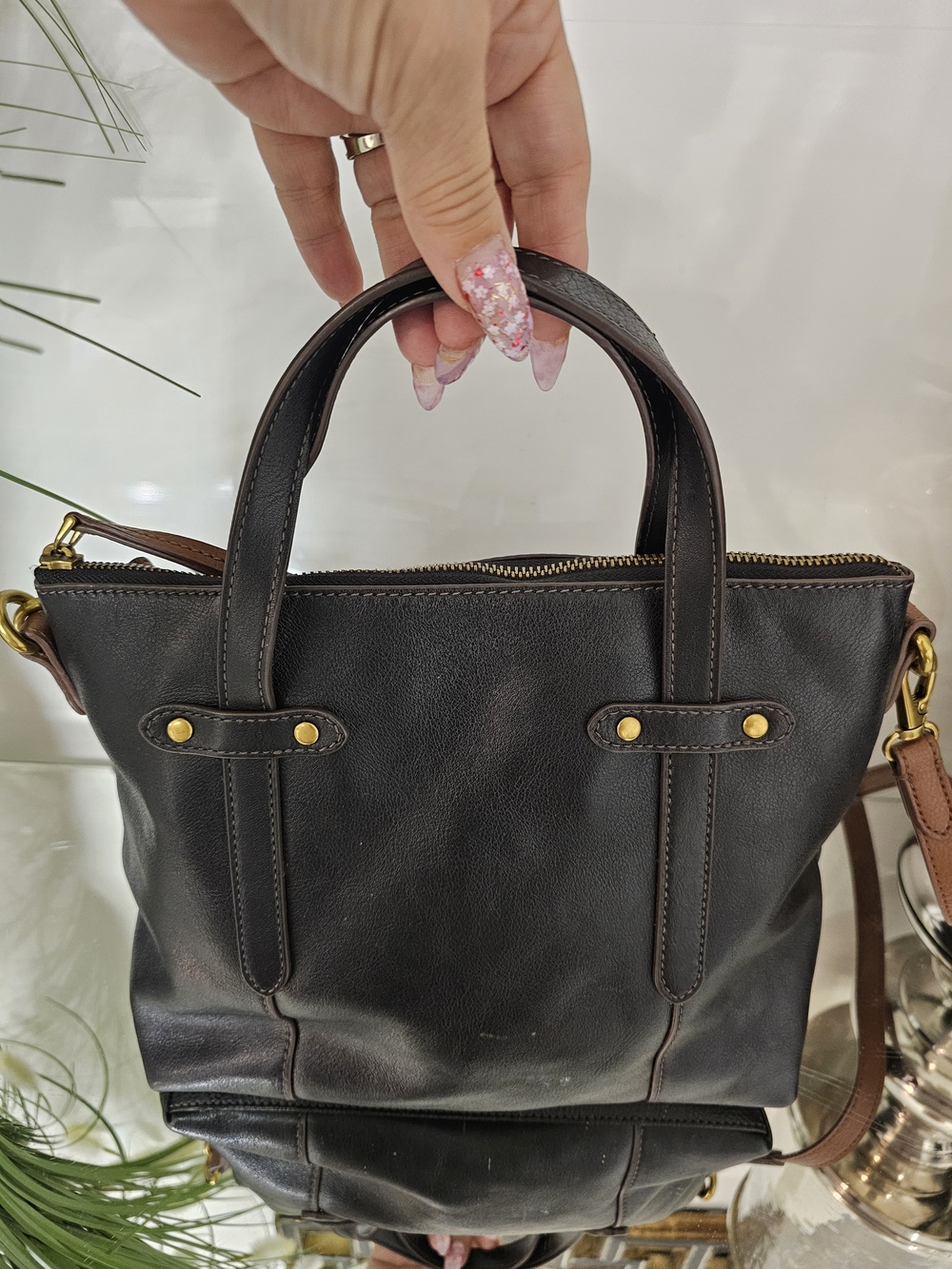 Fossil Black Leather Satchel with Gold Hardware